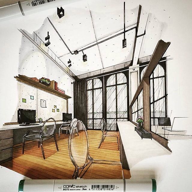 Boceto arquitectónico de un espacio interior con grandes ventanales